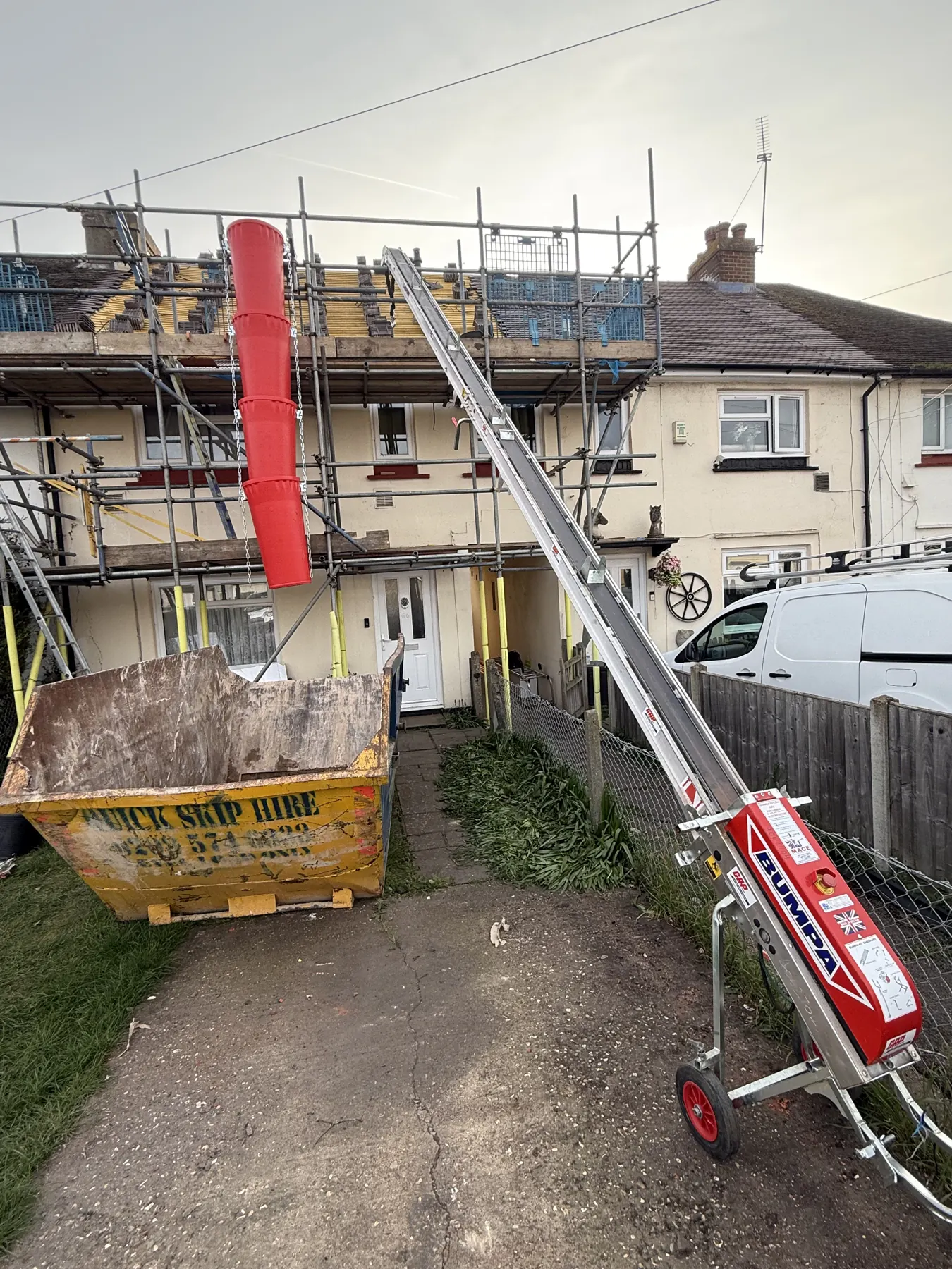 Roofing works with scaffold and site access